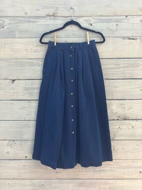 Vintage Eddie Bauer High Waist Pleated Denim Blue Button-Down Skirt Size 4